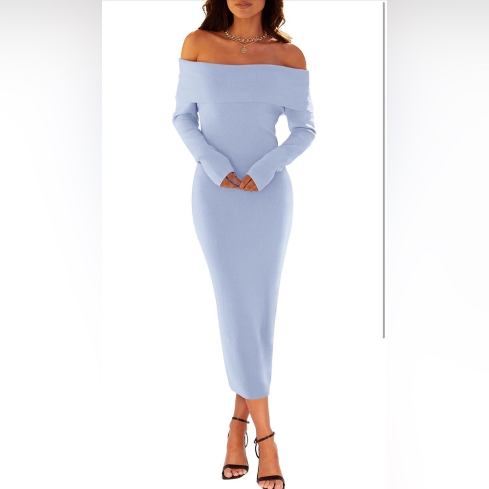 MEROKEETY Shoulder Bodycon Sweater Dress Formal Long Sleeve Elegant Midi Dresses - Picture 3 of 5